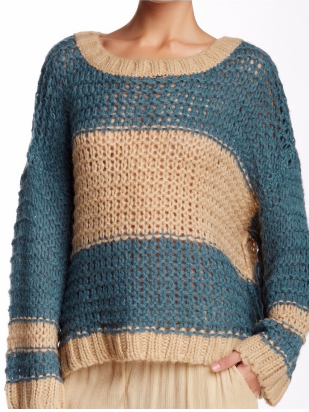 Free People Blue and Cream Open-Knit Crew Sweater